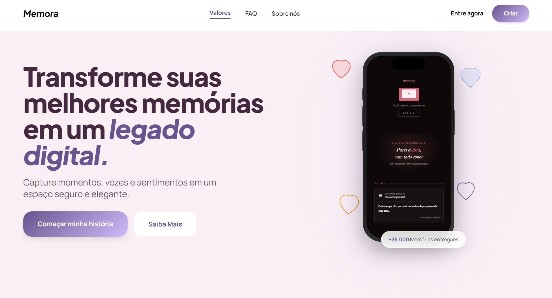 Landing page Memora