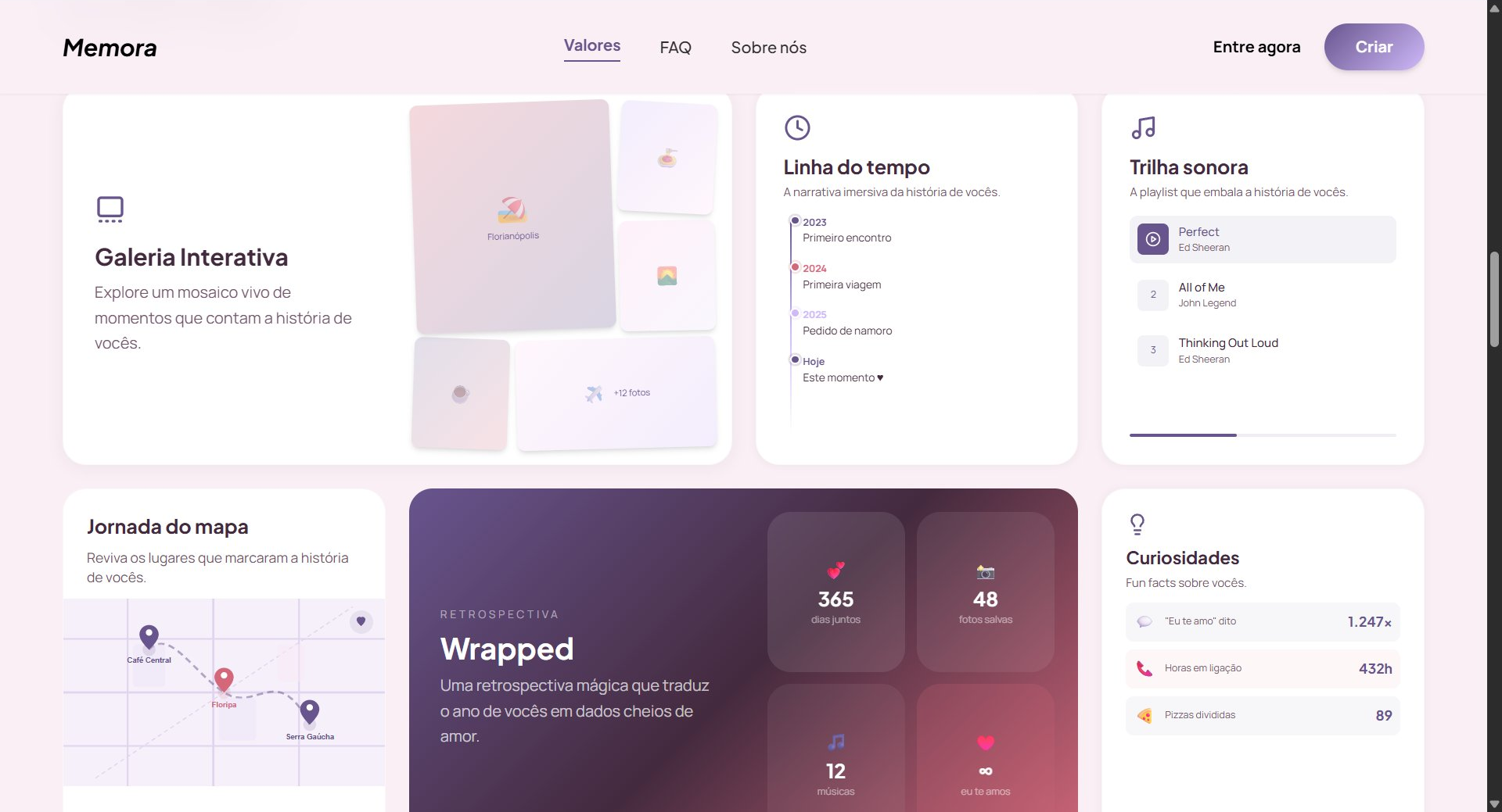 Seção de features Memora